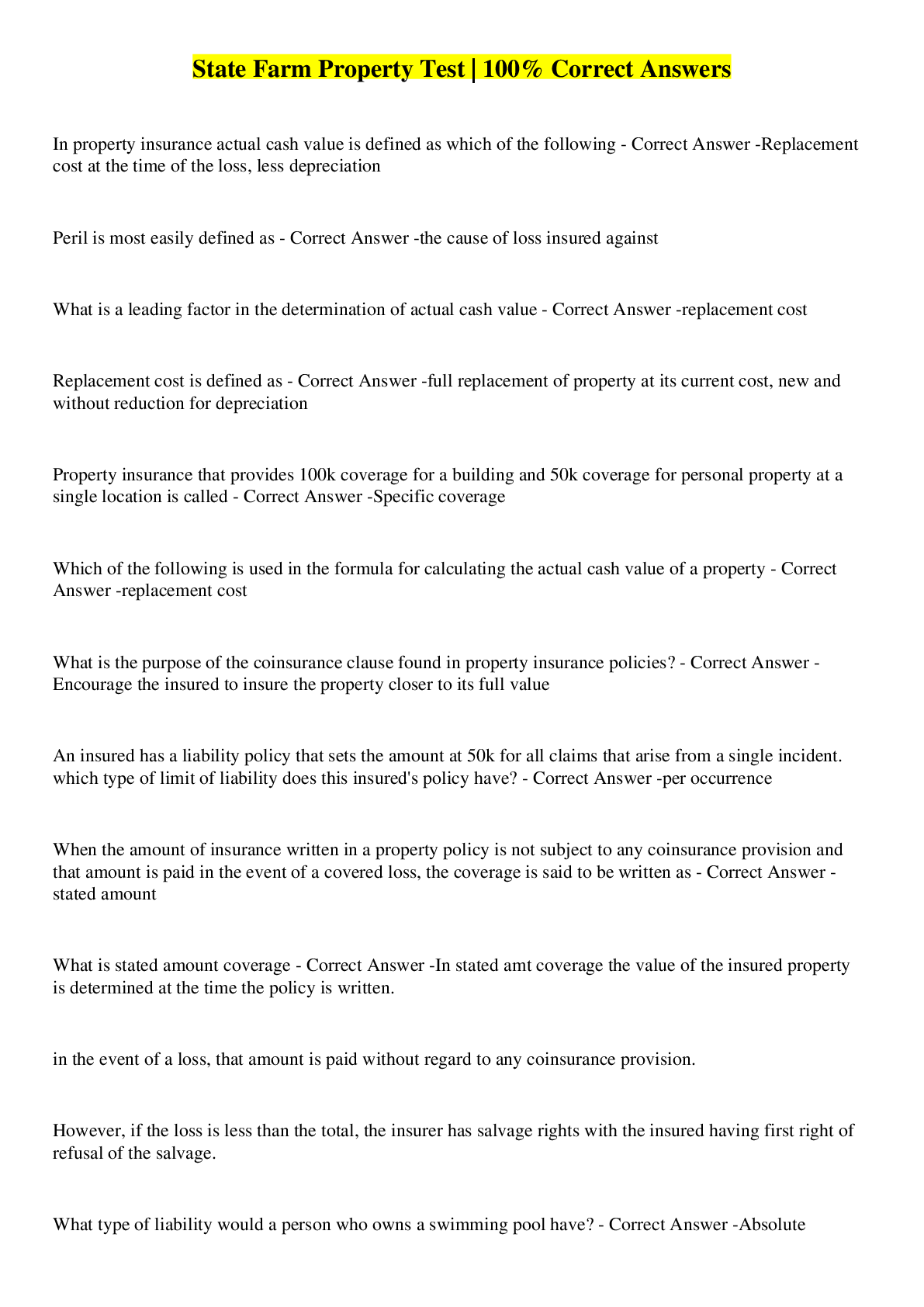 Preview image for State Farm Property Test | 100% Correct Answers